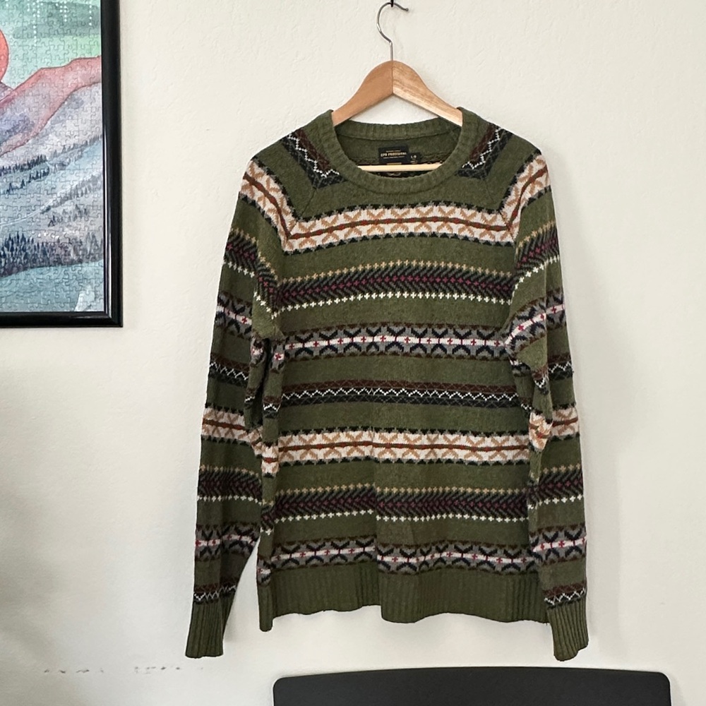 CPO Provisions Olive Fair Isle Crewneck Sweater Mens Vintage Nordic Knit Sz L
